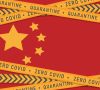 Flagge von China, darauf Absprerrbänder mit den Aufschriften "Zero Covid" und "Quarantine"