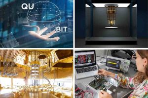 Vier Bilder in einem Raster: stilisiertes Qubit, Quantencomputer Gesamtansicht, Blick in einen Quantencomputer und Blick in einen Quantensensor im Testaufbau