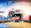 Das Bild zeigt ein Containerschiff, ein Flugzeug, einen Zug sowie einen LKW.