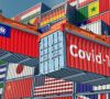 Auf verschiedenen Containern sind die Länderflaggen abgebildet, darunter die von Taiwan. Auf einem anderen Container steht Covid-19.