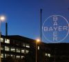 Nächtliche Szene: beleuchtetes Logo des Bayer-Konzern vor dunklem Gebäude