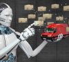 Künstliche Intelligenz in Form eines hunanoiden Roboters bewegt Pakete zu einem Lieferfahrzeug.