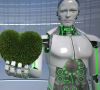 Ein Roboter hält ein grünes Herz in der Hand