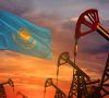Kasachstan Flagge und Ölquellen mit dem roten und blauen Sonnenuntergang